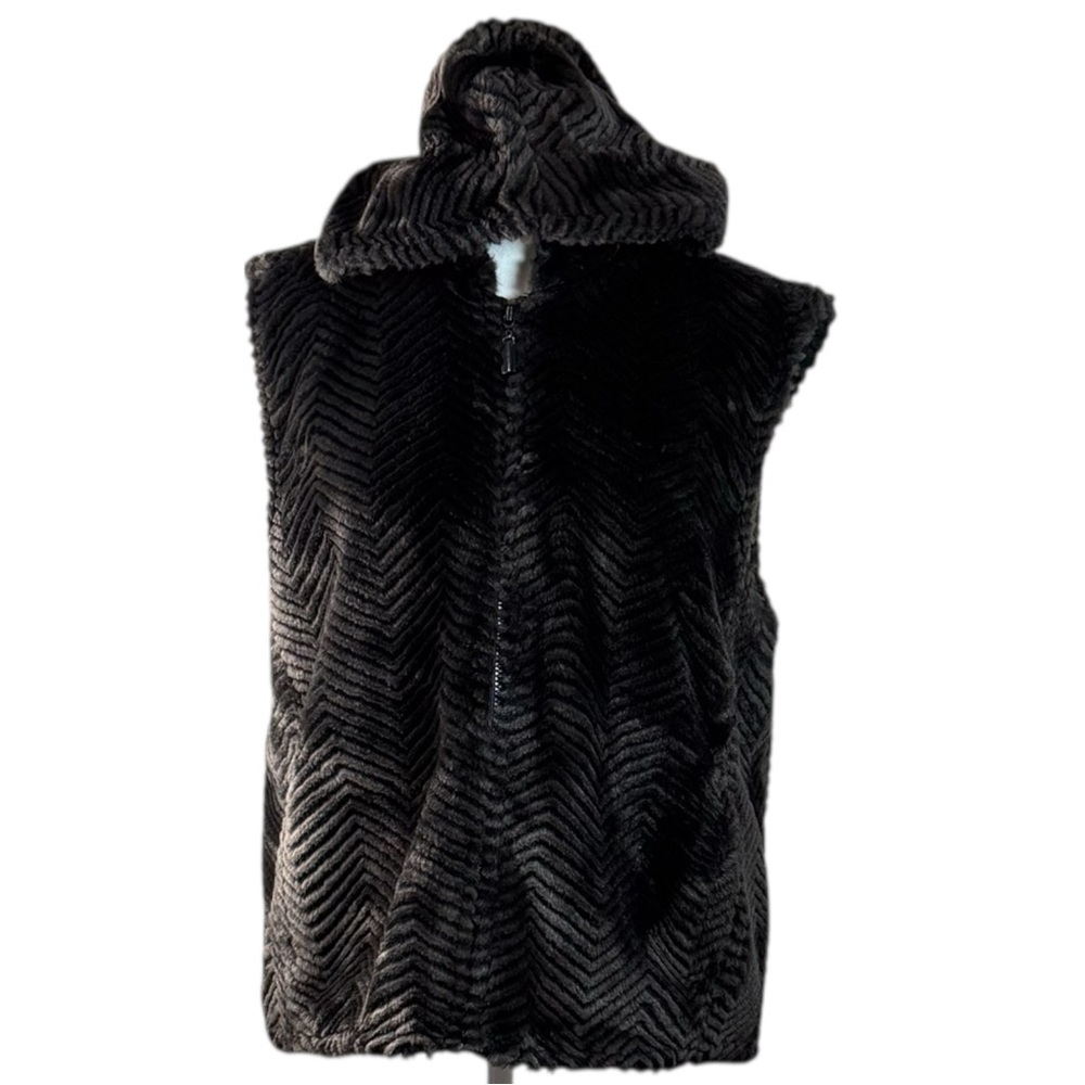 Sport Haley Faux Fur Vest Womens Large Brown Hooded Chevron Zip Outerwear